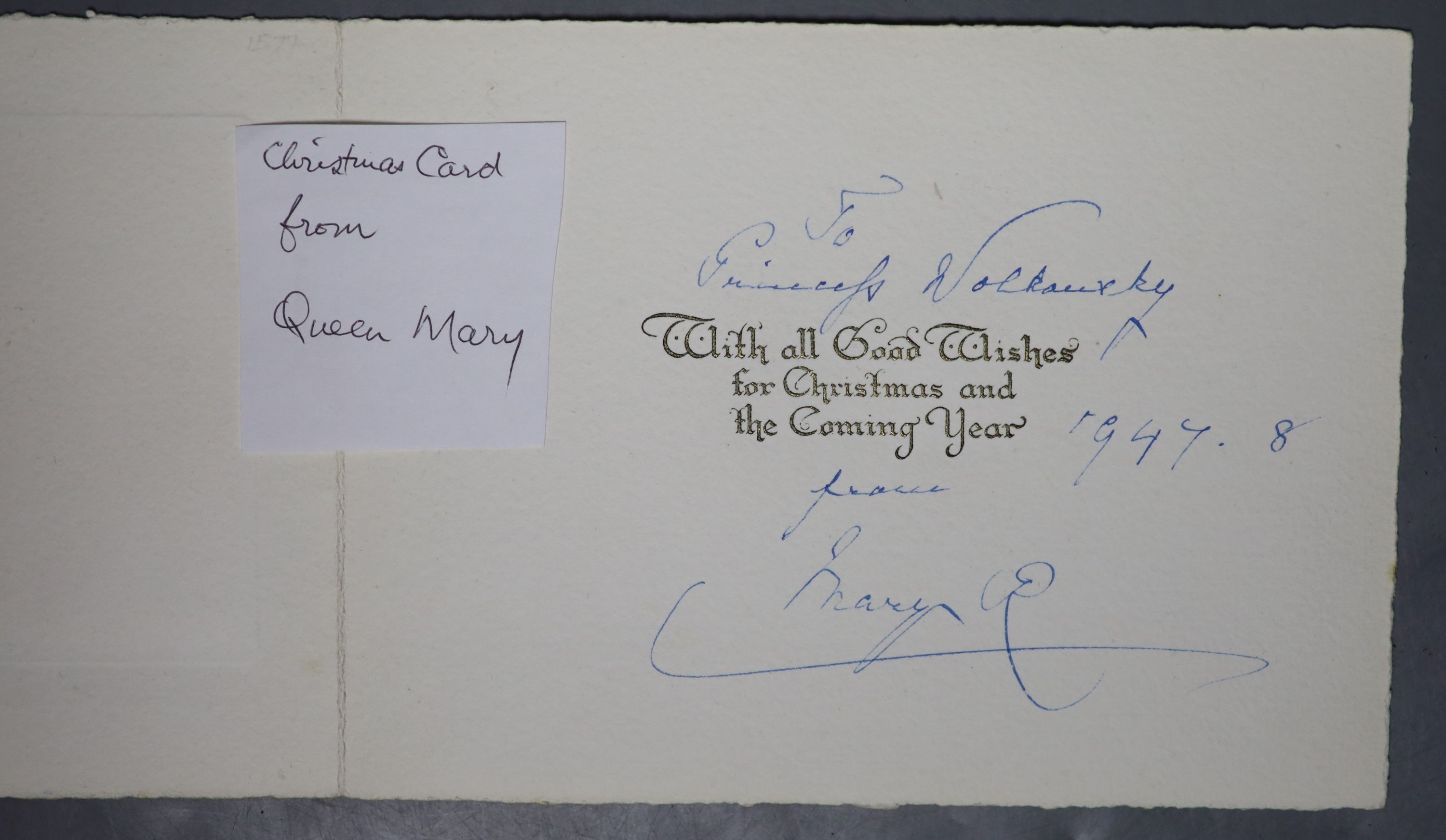 Queen Mary signed Christmas card to Princess Wolkonsky dated 1947/8 various postcards including two albums